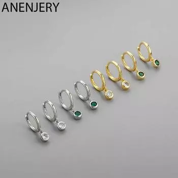 Серьги ANENJERY, простые серьги-кольца с зеленым цирконом для женщин, элегантные маленькие серьги, подарки для друзей, S-E1404