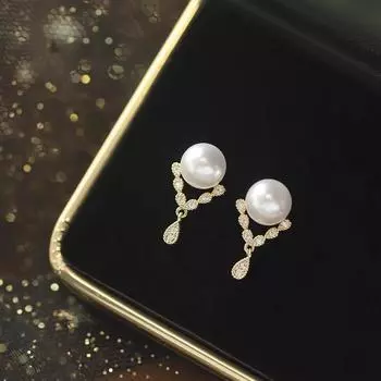 Серьги Anenjery с искусственным жемчугом и цирконием в виде капель воды для женщин, темпераментные, роскошные, универсальные, модные, изысканные серьги, ювелирный подарок белый