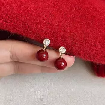 Серьги Anenjery Wine Red с геометрическим круглым цирконием и искусственным жемчугом для женщин, элегантные, темпераментные, ретро, высококачественные, нишевые серьги, ювелирные подарки коричневый