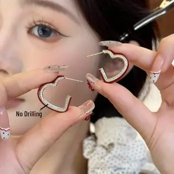 Серьги Ankola Red Heart: Роскошный винно-красный французский дизайн для женщин Oil-Drip Heart Earrings красный