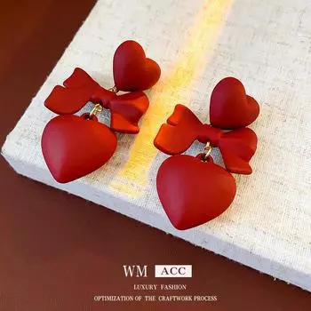 Серьги Ankola Red Silver Heart Bow Retro - шикарные, универсальные, элегантные Silver Needle красный