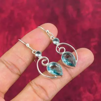 Серьги Aqua Apatite, 925 пробы цельные серебряные серьги, ювелирные изделия ручной работы с драгоценными камнями, подарки для жены, абсолютно новые серьги 1.97 Inches синий