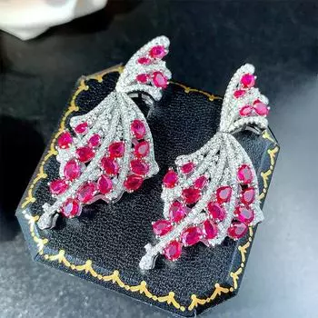 Серьги Аксессуары Модные Серьги-Веера Цветочные Серьги Красные Корунды Микро Циркон Серьги Женские