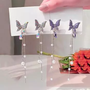 Серьги-бабочки, длинные серьги с кисточками и стразами, серьги с круглым лицом, женские серьги
