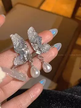 Серьги-бабочки из серебра 925 пробы с кристаллами и жемчугом - легкий роскошный стиль A1328 серебряный
