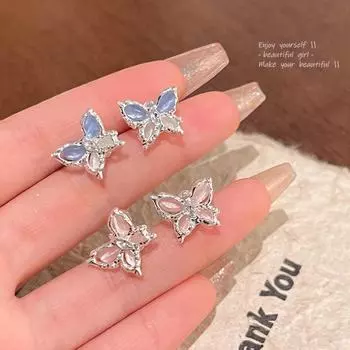 Серьги-бабочки из серебра 925 пробы с розовым камнем кошачий глаз — элегантный, свежий и универсальный дизайн для женщин A1659