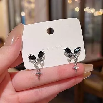 Серьги-бабочки из серебра 925 пробы с черным цирконием — ретро-стиль в стиле Гонконга, легкая роскошь серебряный