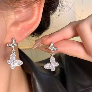 «Серьги-бабочки из серебра 925 пробы с голубыми бриллиантами — элегантный роскошный дизайн для женщин» A1586 серебряный