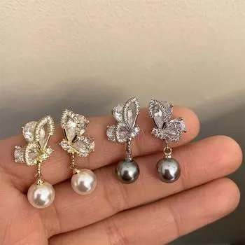 Серьги-бабочки из высококачественного циркония с жемчугом - легкий роскошный нишевый дизайн для женщин, серебряная игла