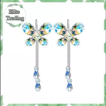 Серьги-бабочки ручной работы из австрийского серебра 925 пробы с кристаллами Aurora Borealis и длинной кисточкой в стиле бохо A pair of earring