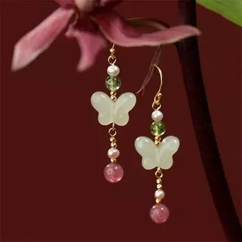 Серьги-бабочки ручной работы в китайском стиле для женщин и девочек, длинные металлические серьги-крючки золотистого цвета 1pair