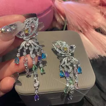 Серьги-бабочки с бахромой в виде капли воды, удлиненные серьги с цветным цирконием золотой