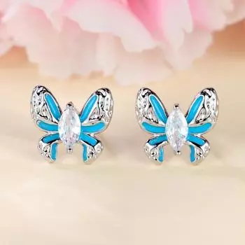 Серьги-бабочки с белыми и синими кристаллами для женщин, серебряные милые свадебные украшения в стиле ретро синий