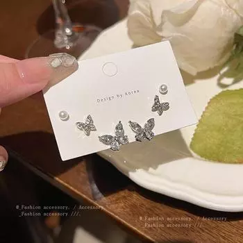 Серьги-бабочки с цирконием и жемчугом - игла из серебра 925 пробы A1716 серебряный