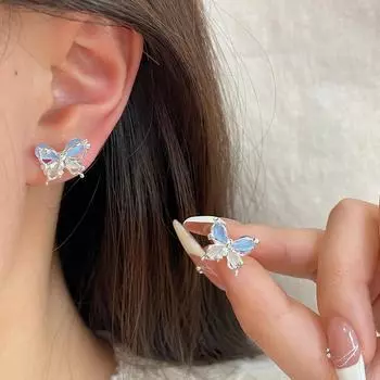 Серьги-бабочки с розовым кошачьим глазом и иглой из серебра 925 пробы butterfly stud earrings синий