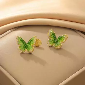 Серьги-бабочки с зеленым кристаллом, женские, нишевые, дизайн, без пирсинга ушей, легкие, роскошные серьги, темперамент, противомоскитная спираль, дисковые клипсы для ушей 18K