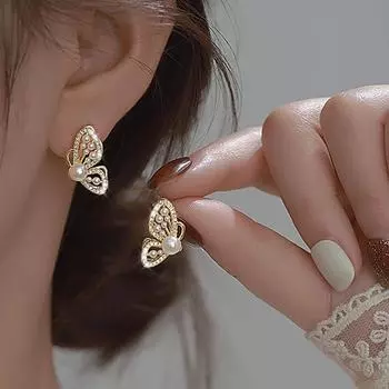 Серьги-бабочки со стразами и жемчугом для женщин, корейские роскошные серьги-гвоздики, модная подвеска, ювелирные изделия для ушей, аксессуары золотой
