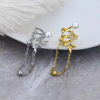 Серьги-бабочки, Золотые серьги, Без сережек, Темперамент, Длинные жемчужные бахромчатые серьги-клипсы, Женщины