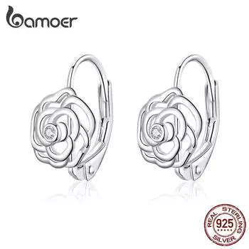 Серьги BAMOER из стерлингового серебра 925 пробы с платиновым покрытием и цирконом Серьги с розой LCQ745