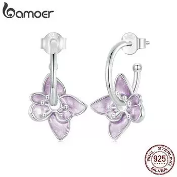 Серьги BAMOER из стерлингового серебра 925 пробы с изысканным фиолетовым цветком, серьги-гвоздики с нежным цветочным покрытием из белого золота, индивидуальный подарок для женщин BSE976