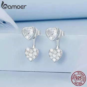 Серьги BAMOER из стерлингового серебра 925 пробы в форме сердца спереди и сзади, сверкающие и нежные женские ювелирные украшения 180*70mm