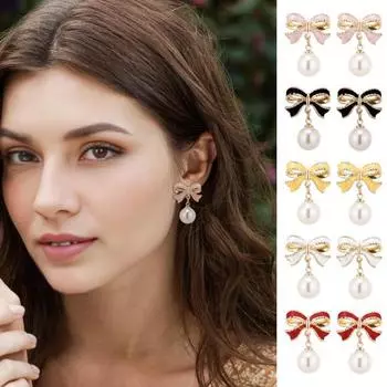 Серьги-бантики для женщин, искусственный жемчуг, подвесные серьги-бантики, украшения на День святого Валентина розы красного