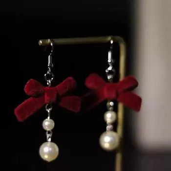 Серьги-бантики из красной флокированной ткани, темпераментные серьги с длинными бахромой в виде сладких цветов