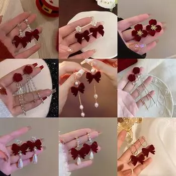 Серьги-бантики из красной флокированной ткани, темпераментные серьги с длинными бахромой в виде сладких цветов