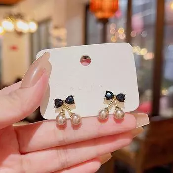 Серьги-бантики из серебра 925 пробы с черным цирконием, дизайн с вишневым жемчугом, стиль «горячая девушка» золотой