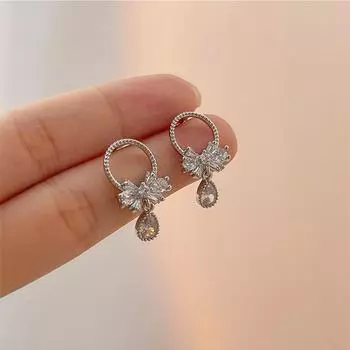 Серьги-бантики с блестками из циркония - серебро 925 пробы, элегантный японско-корейский пасторальный стиль pastoral earrings