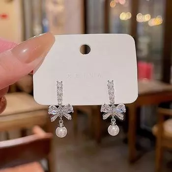 Серьги-бантики с длинными кисточками и жемчугом из серебра 925 пробы для женщин серебряный