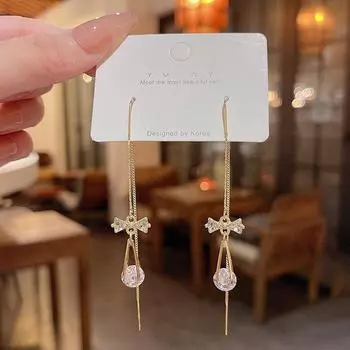 Серьги-бантики с кисточками из серебра 925 пробы с цирконами и иглами — модный женский стиль знаменитости A906 золотой