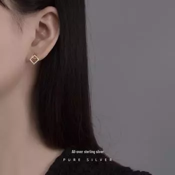 Серьги Banyan Tree из серебра 925 пробы с геометрическим квадратным цирконием для женщин — простые, маленькие и универсальные. ES1651 белого золота