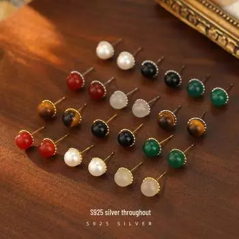 Серьги Banyan Tree S925 из китайского агата из серебра - элегантный ретро-стиль для женщин чёрный