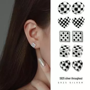 Серьги Banyan Tree S925 из серебра с черным и белым узором в виде шахматной доски для женщин — ретро, модные и трендовые. Square