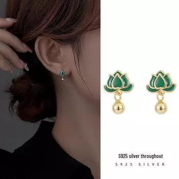 Серьги Banyan Tree S925 Silver Green Lotus Epoxy Retro ES2381 золотой