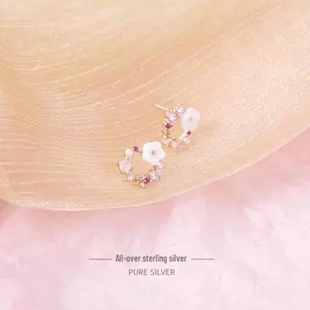 Серьги Banyan Tree S925 Silver в форме бабочек и цветов с инкрустированными розовым золотом цирконами и белыми ракушками ES1448