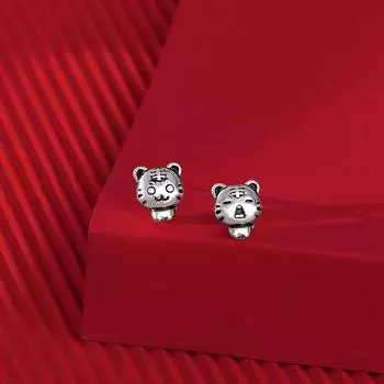 Серьги Banyan Tree S925 Silver Zodiac Tiger для женщин - Ретро-стиль 3D Hard Silver Thai Silver