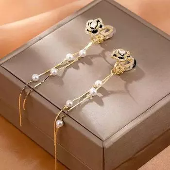 Серьги без пирсинга, черные серьги с кисточками в виде камелии, роскошные длинные серьги с искусственным жемчугом, серьги-клипсы в стиле ретро