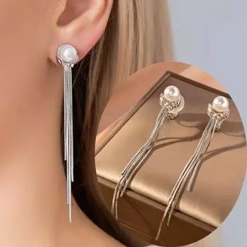 Серьги без пирсинга Длинные серьги с бахромой из искусственного жемчуга Женские серьги-клипсы на цепочке