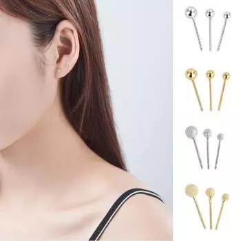 Серьги-бобы из серебра S925 с круглыми бусинами и песочной поверхностью для женщин 1.5mm серебряный