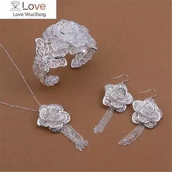 Серьги-браслет из стерлингового серебра 925 пробы с большим цветком, браслет, ожерелье, наборы ювелирных изделий для женщин, модные подарки для вечеринок