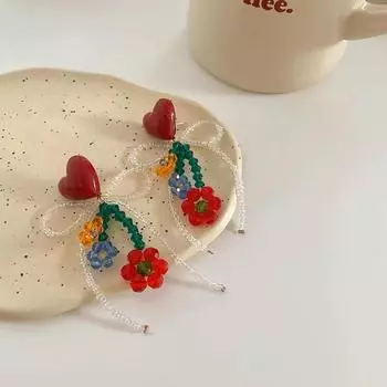 Серьги-бусины «Красный цветок любви» Серьги-кисточки с хрустальным бантом