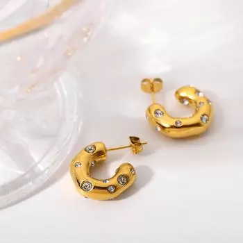 Серьги C-образной формы из циркония с молотковой инкрустацией, стальные пептидные серьги из нержавеющей стали с покрытием из 18-каратного золота для женщин золотой