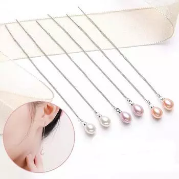Серьги-цепочки из стерлингового серебра 925 пробы с натуральным пресноводным жемчугом и длинной цепочкой для женщин, богемные украшения белый