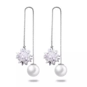 Серьги-цепочки с жемчужинами в виде ледяного цветка и циркония, женские, длинные серьги с кристаллами и цветами, универсальные милые посеребренные серьги