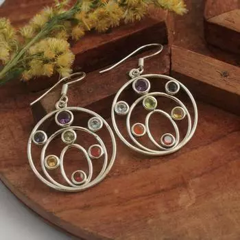 Серьги-чакры из стерлингового серебра 925 пробы с 7 камнями, авторские ювелирные изделия ручной работы