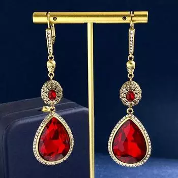 Серьги-чонсам в китайском стиле ханьфу, женские, ретро-череп с бриллиантами, капли воды, длинные рубиновые серьги.