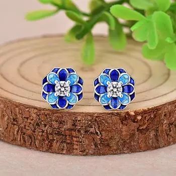 Серьги-цветы Buyee из стерлингового серебра 925 пробы с синей эмалью и светлым цирконием для женщин, серьги для семейного торжества золотой