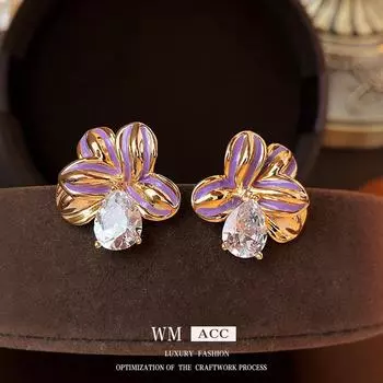 Серьги-цветы из настоящего позолоченного циркония: Ретро-средневековый стиль с нотками роскоши и высокого класса. Silver Needle синий